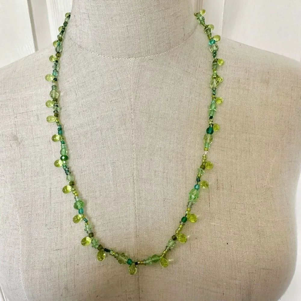 Long green glass beaded necklace